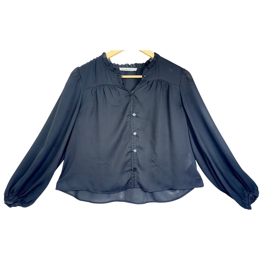 Abercrombie & Fitch Black Ruffle Neck Button Front Long Sleeve Blouse Top Sz XS